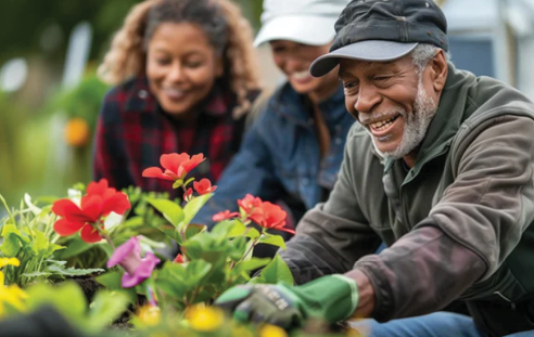 A man is smiling while tending to a garden of flowers. AI generated content